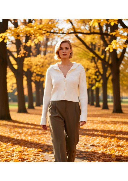 Kadın Dik Yaka Fitilli Dokuma Crop Oversize Triko Hırka Düşük Kol Rahat Kesim Günlük Şıklık