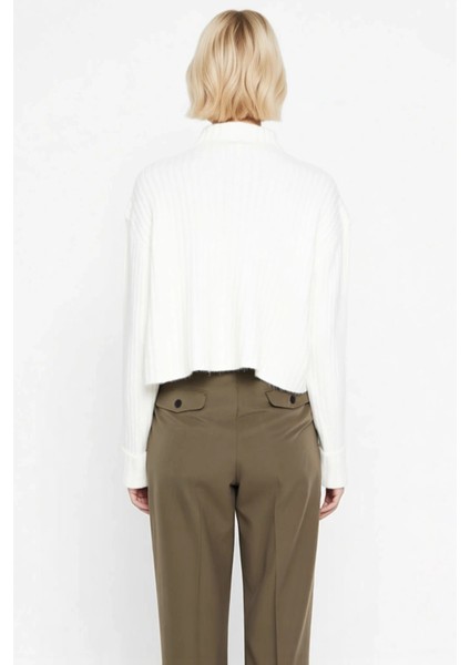 Kadın Dik Yaka Fitilli Dokuma Crop Oversize Triko Hırka Düşük Kol Rahat Kesim Günlük Şıklık indirimleri