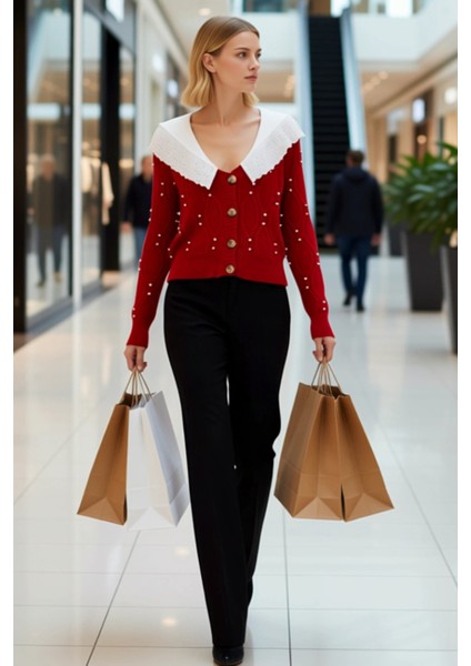 Kadın Bebe Yaka Dokuma Garni Detaylı Saç Örgü Triko Hırka Inci Işlemeli Düğmeli Tasarım Şık fiyatları