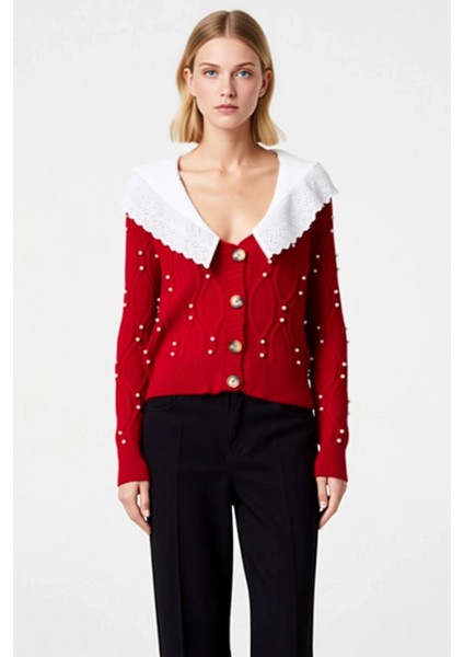 Kadın Bebe Yaka Dokuma Garni Detaylı Saç Örgü Triko Hırka Inci Işlemeli Düğmeli Tasarım Şık modelleri