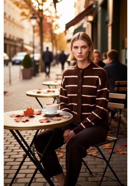 Kadın Çizgili Yumuşak Dokulu Bisiklet Yaka Crop Kesim Triko Hırka Düğmeli Ön Detaylı Şık Görünüm fiyatları