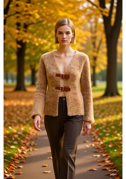 Kadın Tüylü V Yaka Tokalı Triko Hırka Modern ve Şık Görünüm Sunan Özel Tasarım Ile Tarzınızı