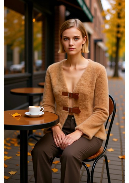 Kadın Tüylü V Yaka Tokalı Triko Hırka Modern ve Şık Görünüm Sunan Özel Tasarım Ile Tarzınızı fiyatları