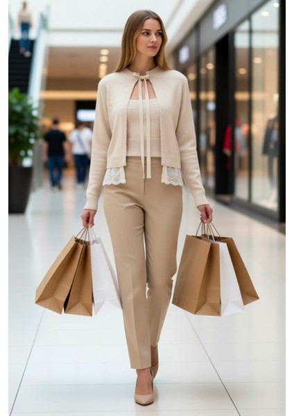 Kadın Bağlama Detaylı Triko Hırka Bluz Takımı Dantel Etek Ucu Tasarımı Günlük Şıklık Rahat modelleri