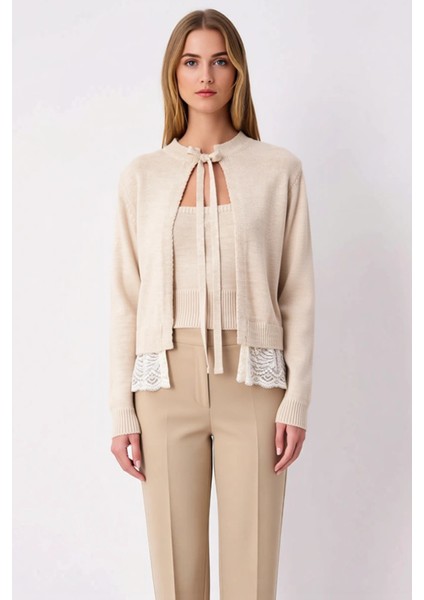 Kadın Bağlama Detaylı Triko Hırka Bluz Takımı Dantel Etek Ucu Tasarımı Günlük Şıklık Rahat fırsatları