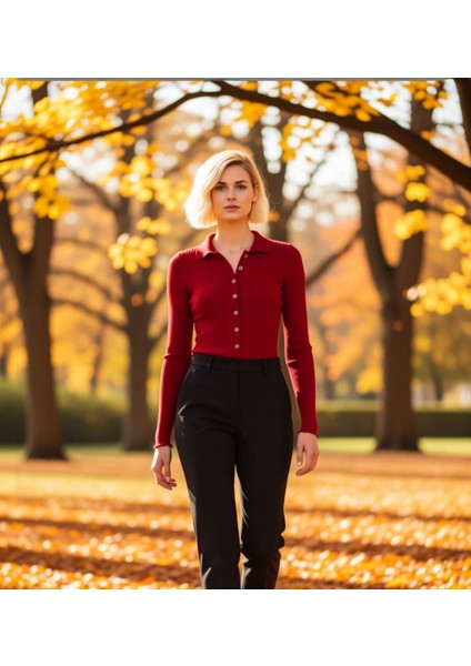 Kadın Merserize Dokulu Fitilli Polo Yaka Düğmeli Uzun Kollu Dar Kesim Şık Günlük Triko Bluz