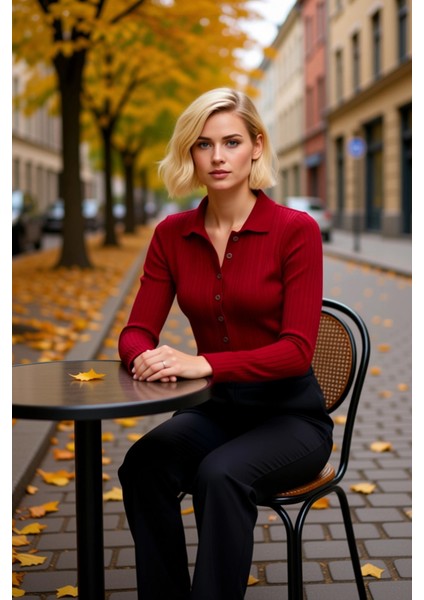 Kadın Merserize Dokulu Fitilli Polo Yaka Düğmeli Uzun Kollu Dar Kesim Şık Günlük Triko Bluz fiyatları