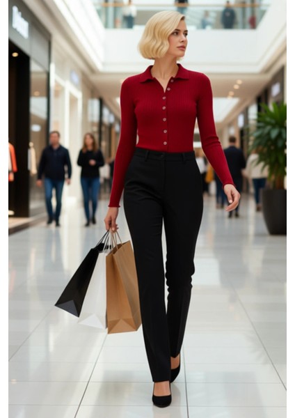 Kadın Merserize Dokulu Fitilli Polo Yaka Düğmeli Uzun Kollu Dar Kesim Şık Günlük Triko Bluz modelleri