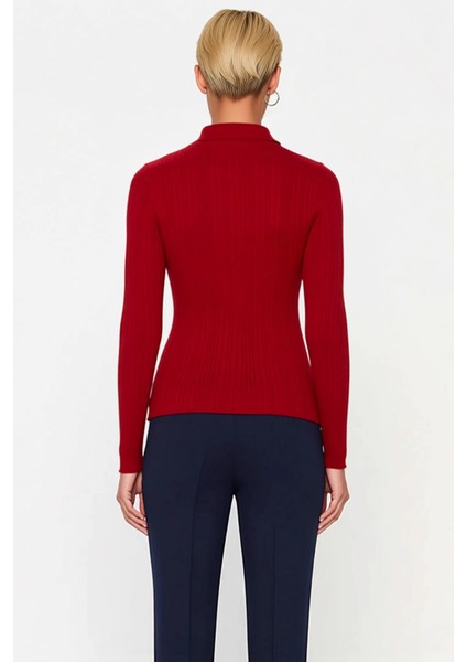 Kadın Merserize Dokulu Fitilli Polo Yaka Düğmeli Uzun Kollu Dar Kesim Şık Günlük Triko Bluz indirimleri