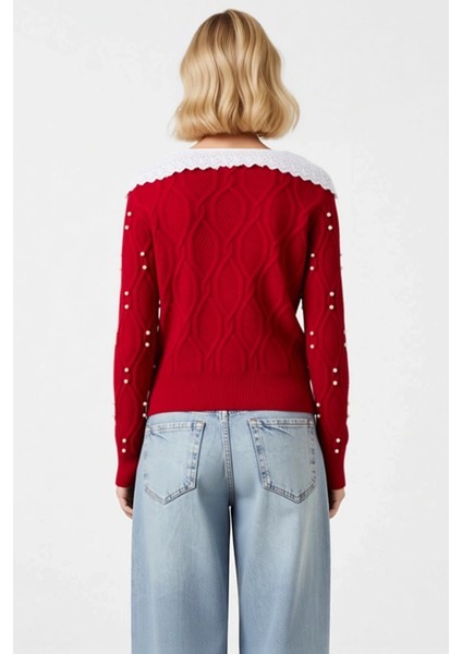 Kadın Bebe Yaka Dokuma Garni Detaylı Saç Örgü Triko Hırka Inci Işlemeli Düğmeli Tasarım Şık fırsatları