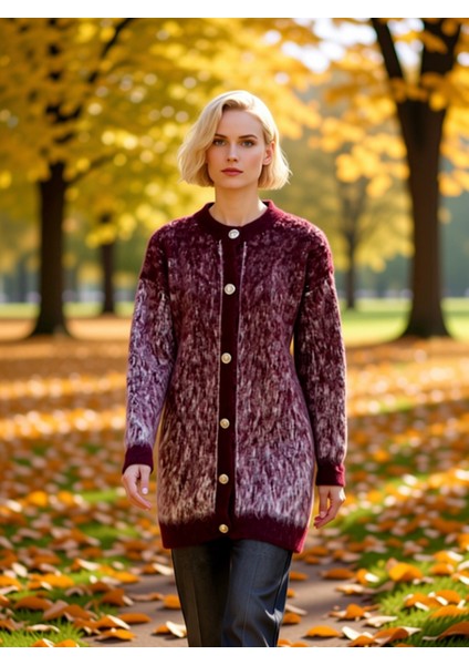 Kadın Tüylü Dokulu Uzun Kollu Bisiklet Yaka Önden Düğmeli Regular Fit Triko Hırka Kaliteli