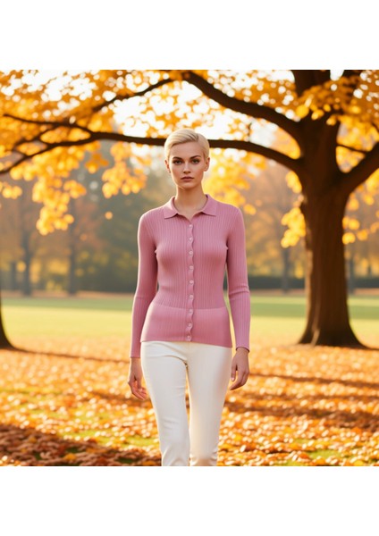 Kadın Merserize Dokulu Fitilli Polo Yaka Düğmeli Uzun Kollu Dar Kesim Şık Günlük Triko Bluz