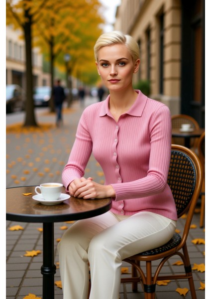 Kadın Merserize Dokulu Fitilli Polo Yaka Düğmeli Uzun Kollu Dar Kesim Şık Günlük Triko Bluz fiyatları