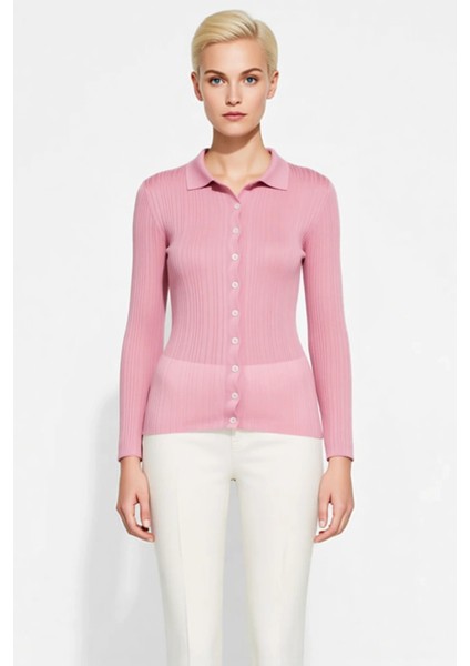 Kadın Merserize Dokulu Fitilli Polo Yaka Düğmeli Uzun Kollu Dar Kesim Şık Günlük Triko Bluz fırsatları