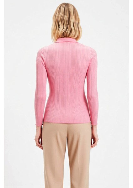 Kadın Merserize Dokulu Fitilli Polo Yaka Düğmeli Uzun Kollu Dar Kesim Şık Günlük Triko Bluz indirimleri