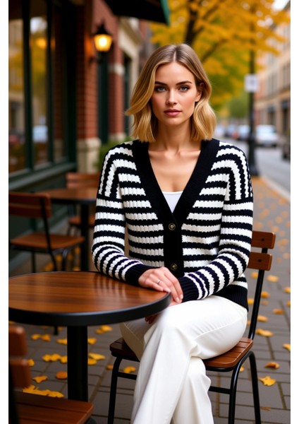 Kadın V Yaka Düğmeli Crop Kesim Düşük Kol Çizgili Desenli Yumuşak Dokulu Triko Hırka Rahat fiyatları