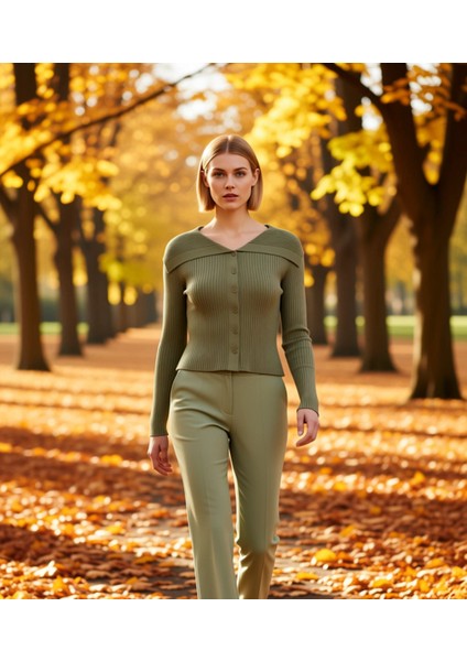 Kadın Devrik Yaka Fitilli Triko Hırka Uzun Kollu Crop Kesim Rahat ve Şık Kombinlerin Vazgeçilmezi