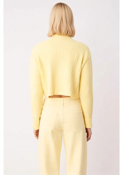 Kadın Dik Yaka Fitilli Dokuma Crop Oversize Triko Hırka Düşük Kol Rahat Kesim Günlük Şıklık indirimleri