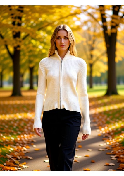 Kadın Gardırop Temelleri Fermuarlı Dik Yaka Yumuşak Dokulu Fit Kesim Uzun Kollu Triko Hırka