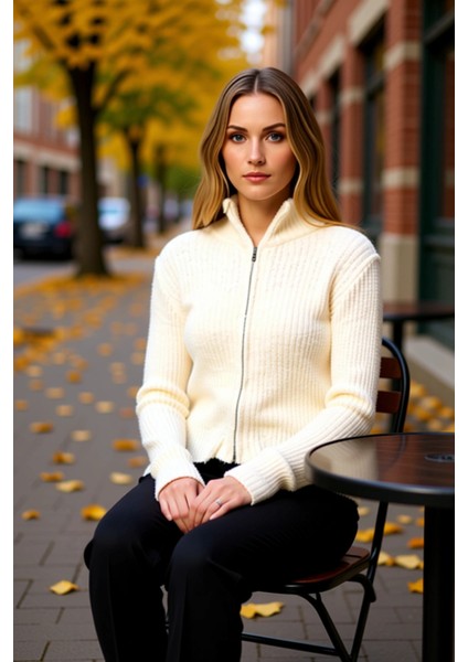 Kadın Gardırop Temelleri Fermuarlı Dik Yaka Yumuşak Dokulu Fit Kesim Uzun Kollu Triko Hırka fiyatları