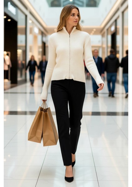 Kadın Gardırop Temelleri Fermuarlı Dik Yaka Yumuşak Dokulu Fit Kesim Uzun Kollu Triko Hırka modelleri