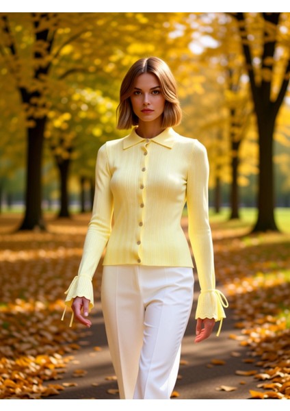 Kadın Zamansız Şıklık Fitilli Polo Yaka Uzun Kollu Manşet Bağlama Detaylı Düğmeli Triko Hırka