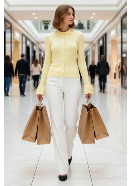 Kadın Zamansız Şıklık Fitilli Polo Yaka Uzun Kollu Manşet Bağlama Detaylı Düğmeli Triko Hırka modelleri