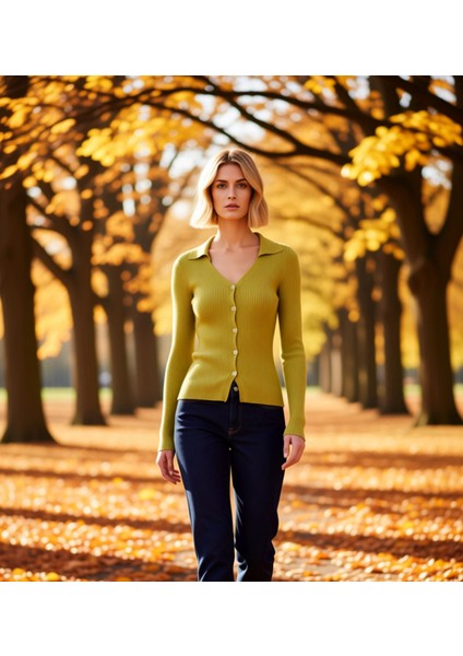 Kadın Polo Yaka Vücuda Oturan Uzun Kollu Fitilli Triko Hırka Günlük Şıklık ve Sunan Tasarım