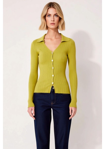 Kadın Polo Yaka Vücuda Oturan Uzun Kollu Fitilli Triko Hırka Günlük Şıklık ve Sunan Tasarım fırsatları