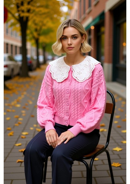 Kadın Yumuşak Dokulu Saç Örgü Desenli Nakış Detaylı Yakalı Düğmeli Uzun Kollu Triko Hırka Şık fiyatları