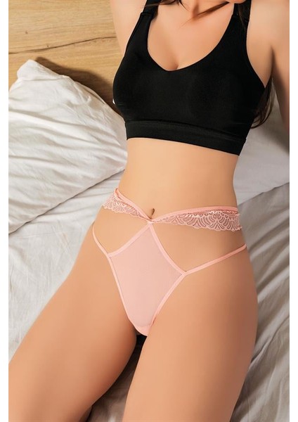 Pembe Dantelli Ip Detaylı Fantezi String Tanga