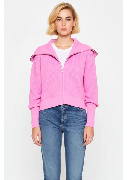 Kadın Geniş Kalıp Devrik Yaka Fermuarlı Triko Hırka Rahat ve Şık Görünüm Sunan Uzun Kollu Üst Giyim fırsatları