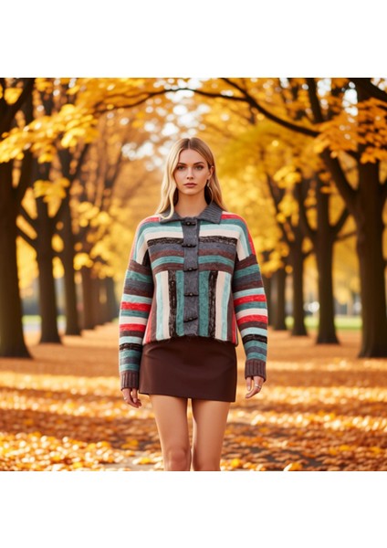 Kadın Polo Yaka Düşük Kol Renk Bloklu Kalın Triko Hırka Kış Aylarında Sıcaklık ve Stil Sağlar