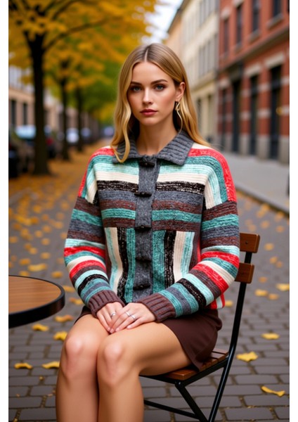 Kadın Polo Yaka Düşük Kol Renk Bloklu Kalın Triko Hırka Kış Aylarında Sıcaklık ve Stil Sağlar fiyatları