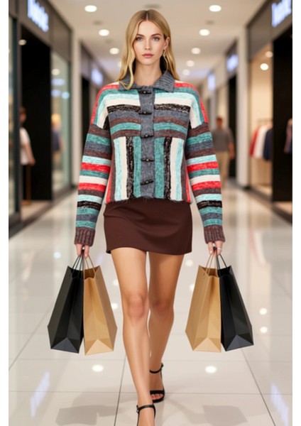 Kadın Polo Yaka Düşük Kol Renk Bloklu Kalın Triko Hırka Kış Aylarında Sıcaklık ve Stil Sağlar modelleri