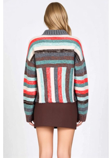 Kadın Polo Yaka Düşük Kol Renk Bloklu Kalın Triko Hırka Kış Aylarında Sıcaklık ve Stil Sağlar indirimleri