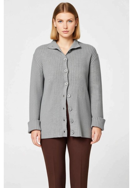 Kadın Polo Yaka Fitilli Triko Hırka Düşük Omuz Detaylı Rahat Kalıp Düğmeli Tasarım Günlük Şıklık fırsatları