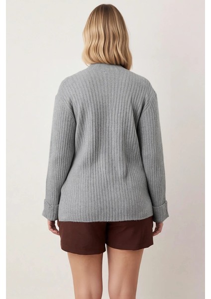 Kadın Polo Yaka Fitilli Triko Hırka Düşük Omuz Detaylı Rahat Kalıp Düğmeli Tasarım Günlük Şıklık indirimleri