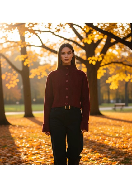 Kadın Dik Yaka Fitilli Dokuma Crop Oversize Triko Hırka Düşük Kol Rahat Kesim Günlük Şıklık