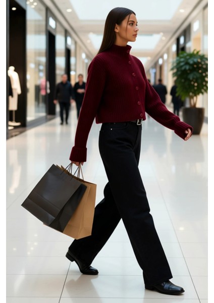 Kadın Dik Yaka Fitilli Dokuma Crop Oversize Triko Hırka Düşük Kol Rahat Kesim Günlük Şıklık modelleri