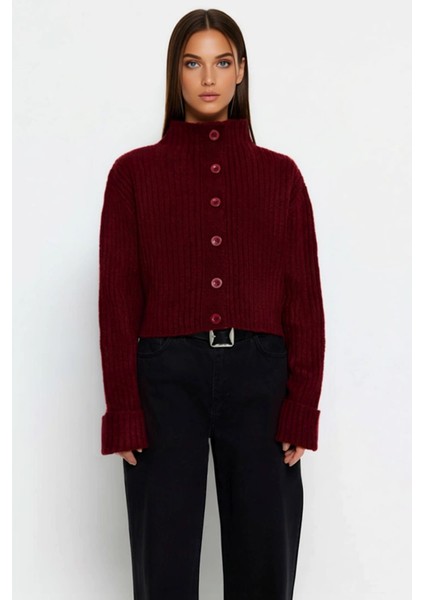 Kadın Dik Yaka Fitilli Dokuma Crop Oversize Triko Hırka Düşük Kol Rahat Kesim Günlük Şıklık fırsatları