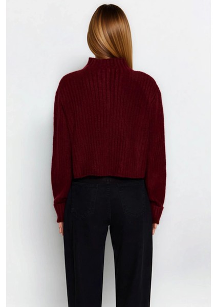 Kadın Dik Yaka Fitilli Dokuma Crop Oversize Triko Hırka Düşük Kol Rahat Kesim Günlük Şıklık indirimleri