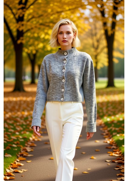 Kadın Dik Yaka Fitilli Dokuma Crop Oversize Triko Hırka Düşük Kol Rahat Kesim Günlük Şıklık