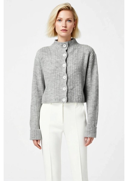 Kadın Dik Yaka Fitilli Dokuma Crop Oversize Triko Hırka Düşük Kol Rahat Kesim Günlük Şıklık fırsatları