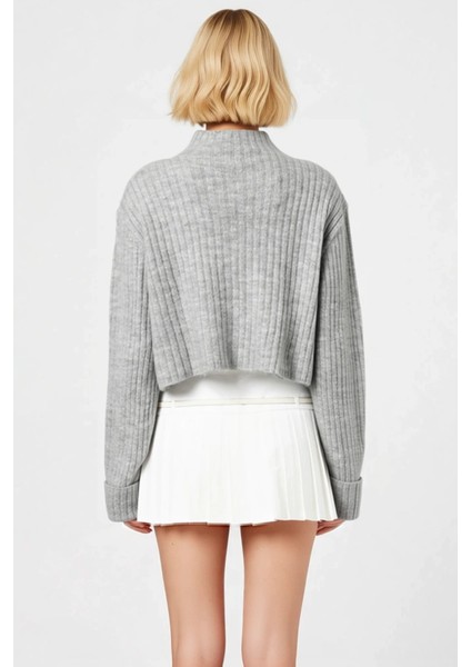 Kadın Dik Yaka Fitilli Dokuma Crop Oversize Triko Hırka Düşük Kol Rahat Kesim Günlük Şıklık indirimleri