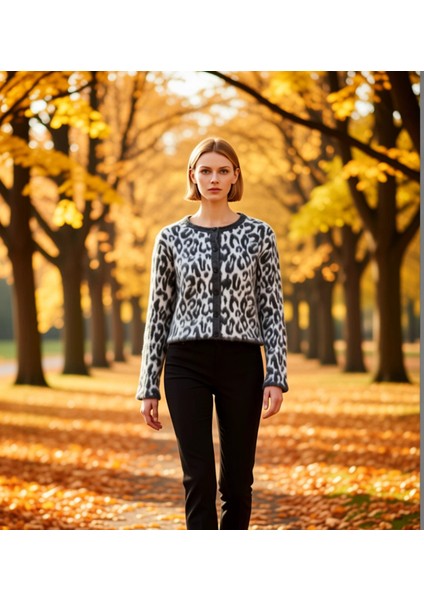Kadın Leopar Desenli Triko Hırka Günlük Şıklık ve Sunan Uzun Kollu Bisiklet Yaka Tasarım Şık