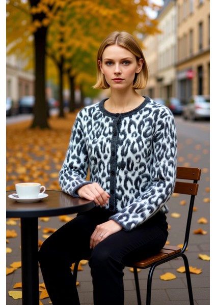 Kadın Leopar Desenli Triko Hırka Günlük Şıklık ve Sunan Uzun Kollu Bisiklet Yaka Tasarım Şık fiyatları