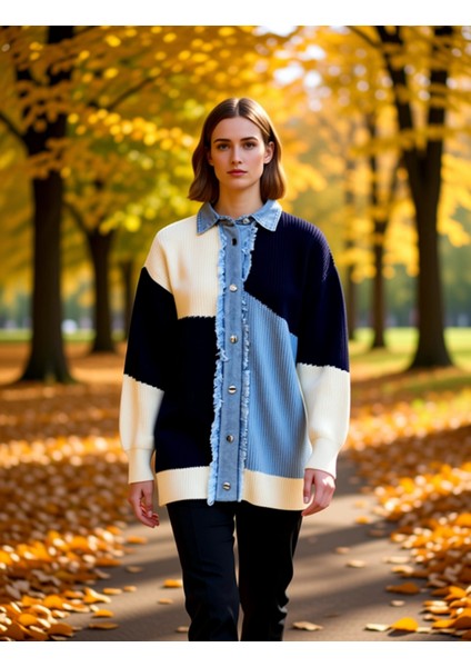 Kadın Renk Bloklu Denim Detaylı Triko Hırka Fonksiyonel Dayanıklı Kaliteli Konforlu Modern