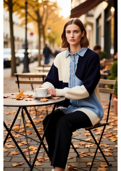 Kadın Renk Bloklu Denim Detaylı Triko Hırka Fonksiyonel Dayanıklı Kaliteli Konforlu Modern fiyatları