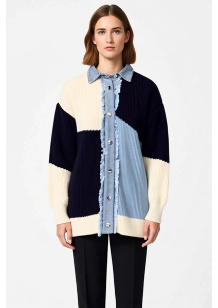 Kadın Renk Bloklu Denim Detaylı Triko Hırka Fonksiyonel Dayanıklı Kaliteli Konforlu Modern fırsatları